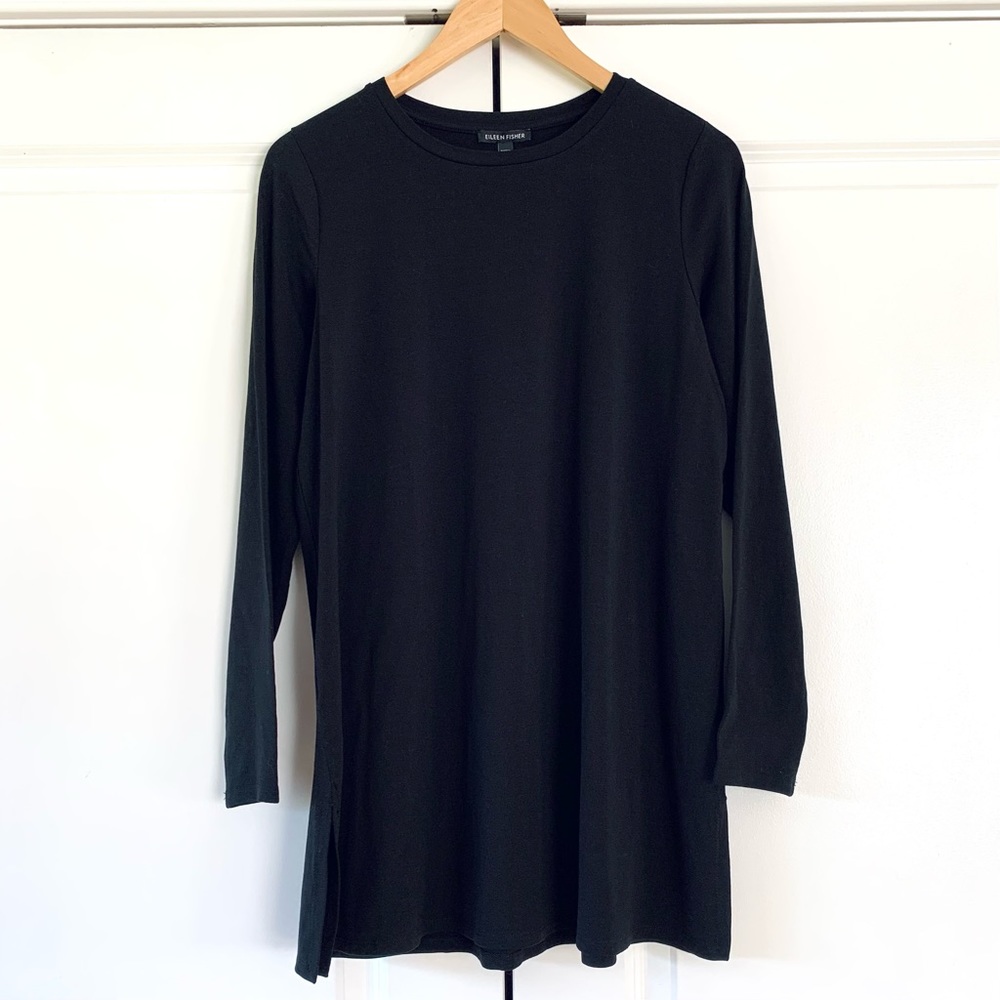 Eileen Fisher Crew Neck Black Tunic Long Sleeve Blouse Knit Shirt NEW Size Small